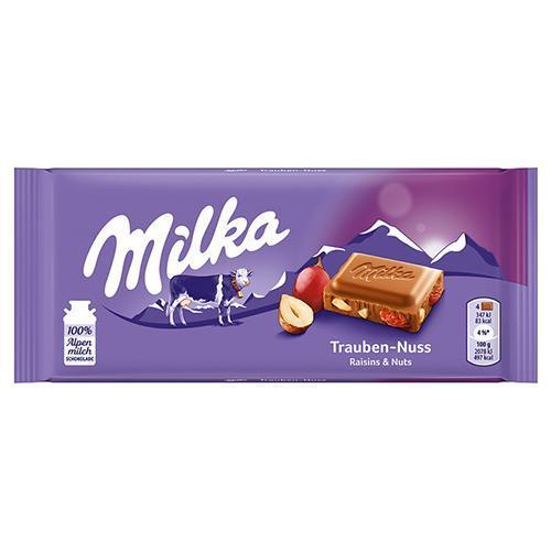 Milka Chocolate w. Raisins and Nuts, Trauben-Nuss   100g (Milka) (4433753243682)